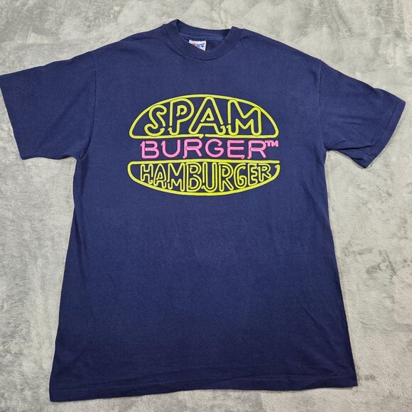 Vintage Spam Burger Hamburger Mens L Blues Hanes Beefy-T Single Stitch 90s USA - Picture 1 of 10